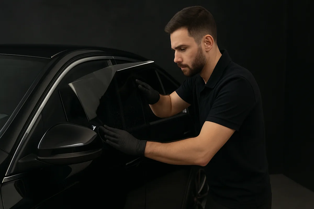 Técnico aplicando película automotiva Black Films