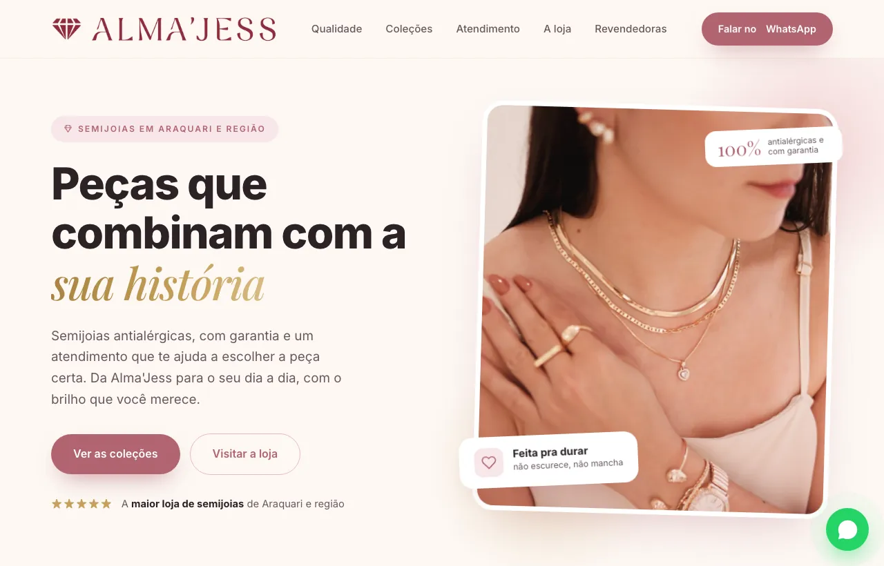 Site da Alma'Jess, semijoias, feito e mantido pela Wefox Tech
