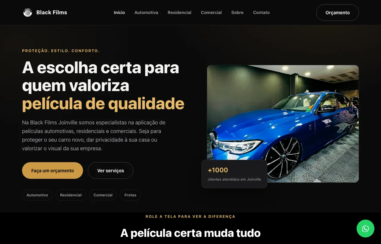 Site da Black Films Películas, com orçamento pelo WhatsApp