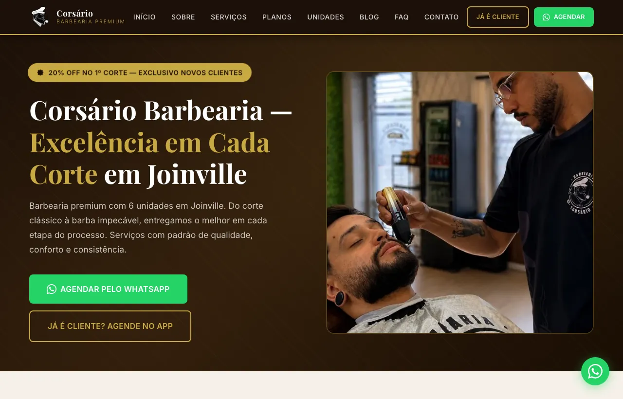 Site da Corsário Barbearia, com agendamento pelo WhatsApp