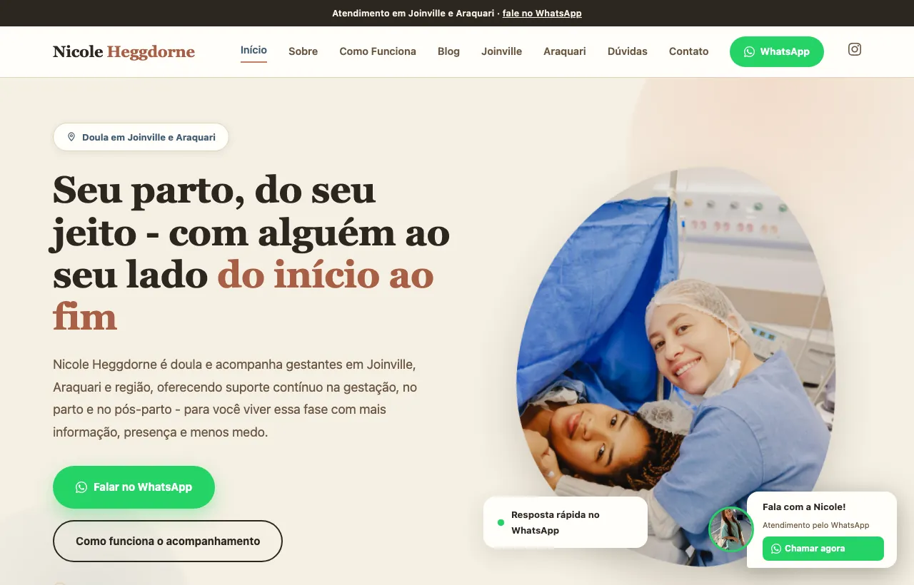 Site da doula Nicole Heggdorne, com páginas por região